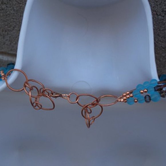 Handmade Multi Strand Necklace With Blue Glass Beads & Copper Coated Tube Beads - Picture 3 of 5
